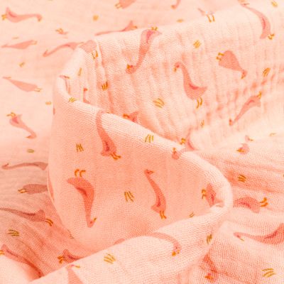 Tissu Double gaze Bio Oies sur fond Saumon - Par 10 cm