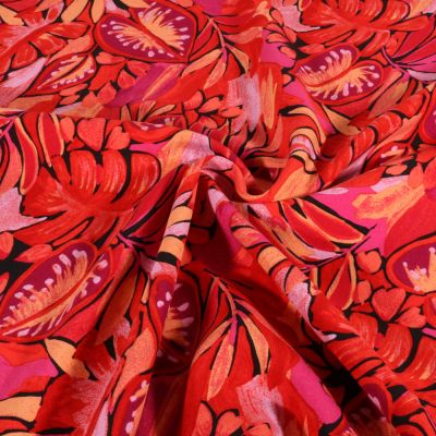 Tissu Viscose Feuillage exotique sur fond Rouge - Par 10 cm