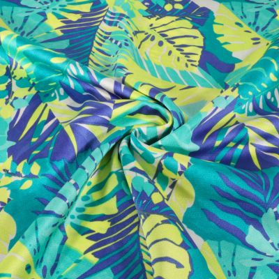 Tissu Satin imprimé Feuillage tropical sur fond Bleu - Par 10 cm