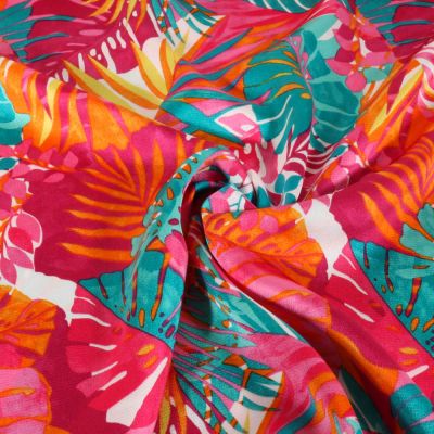 Tissu Satin imprimé Feuillage tropical sur fond Rose fuchsia - Par 10 cm