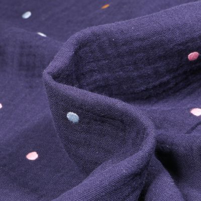 Tissu Double gaze Pois brodés colorés sur fond Bleu marine - Par 10 cm