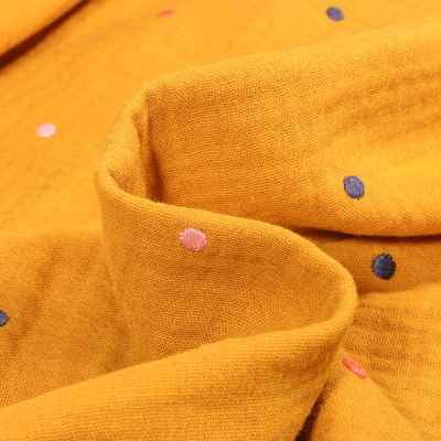 Tissu Double gaze Pois brodés colorés sur fond Jaune - Par 10 cm