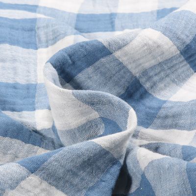 Tissu Double gaze reversible à carreaux Tess sur fond Bleu - Par 10 cm