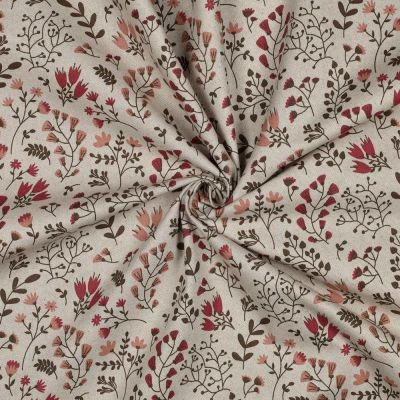Tissu Toile Polycoton canvas enduit aspect lin petites fleurs Mauve sur fond Naturel - Par 10 cm
