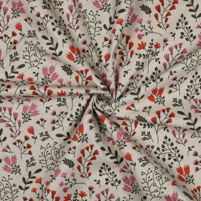 Tissu Toile Polycoton canvas enduit aspect lin petites fleurs Rose sur fond Naturel - Par 10 cm