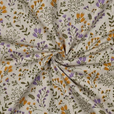 Tissu Toile Polycoton canvas enduit aspect lin petites fleurs Ocre sur fond Naturel - Par 10 cm