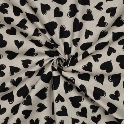 Tissu Toile Polycoton canvas enduit aspect lin Coeurs Noir sur fond Naturel - Par 10 cm