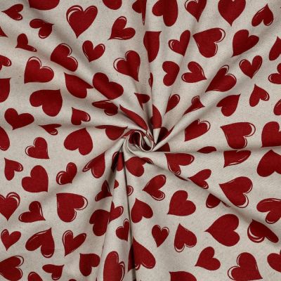 Tissu Toile Polycoton canvas enduit aspect lin Coeurs Rouge sur fond Naturel - Par 10 cm