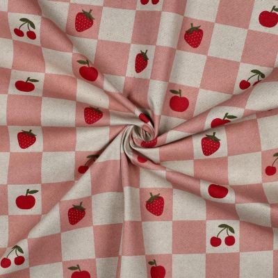 Tissu Toile Polycoton canvas enduit aspect lin Bella carreaux Rose sur fond Naturel - Par 10 cm