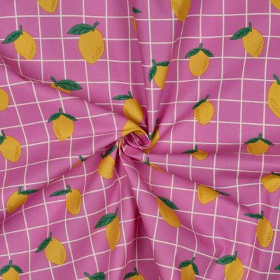 Tissu Coton enduit Poppy Citrons et carreaux sur fond Rose fuchsia - Par 10 cm