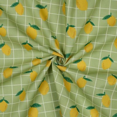 Tissu Coton enduit Poppy Citrons et carreaux sur fond Vert - Par 10 cm