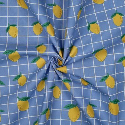 Tissu Coton enduit Poppy Citrons et carreaux sur fond Bleu - Par 10 cm