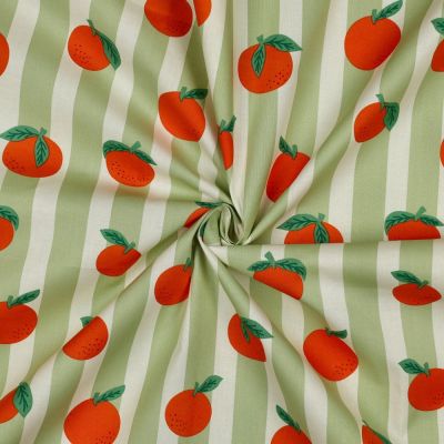 Tissu Coton enduit Poppy Oranges et rayures sur fond Vert - Par 10 cm