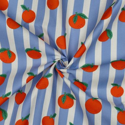 Tissu Coton enduit Poppy Oranges et rayures sur fond Bleu - Par 10 cm