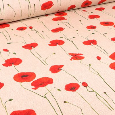Tissu Toile de Coton Coquelicots sur fond Naturel - Par 10 cm