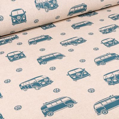 Tissu Toile de Coton Wolkswagen Combi bleu sur fond Naturel - Par 10 cm