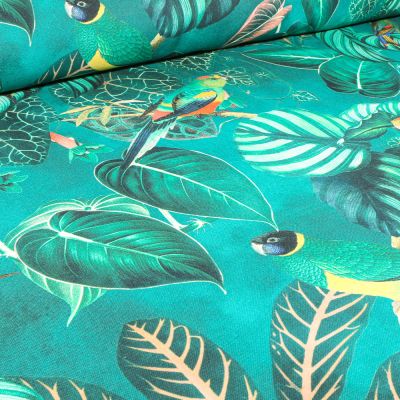 Tissu Toile de Coton Demi-Panama Premium Feuilles tropical et toucan sur fond Bleu turquoise - Par 10 cm