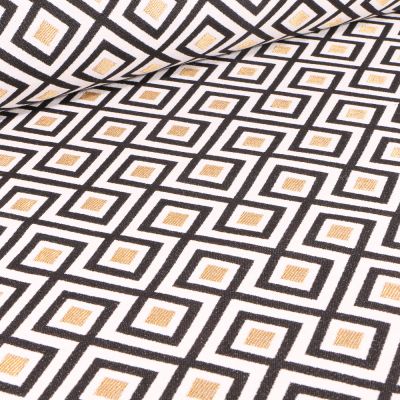 Tissu Jacquard Losanges dorés et noirs sur fond Blanc cassé - Par 10 cm