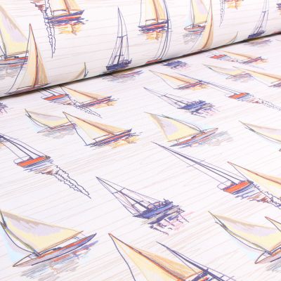Tissu Toile Polycoton Grande largeur Voiliers sur fond Blanc cassé - Par 10 cm