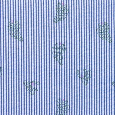 Tissu Seersucker à rayures Bleu Cactus Vert et Fuschia sur fond Blanc - Par 10 cm