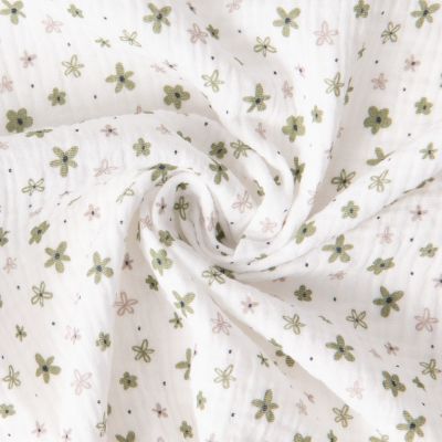 Tissu Double gaze de Coton Fleurs vertes beiges sur fond Blanc - Par 10 cm