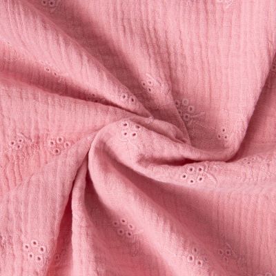 Tissu Double gaze de Coton Brodé Loline sur fond Vieux rose - Par 10 cm