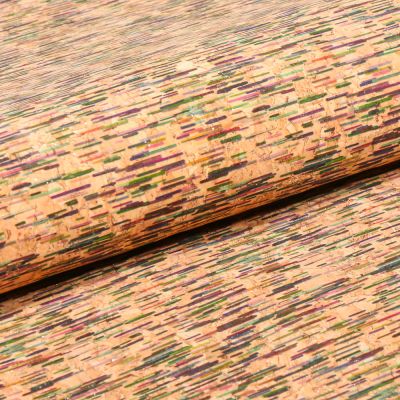 Tissu Liège Traits colorés sur fond Naturel - Par 10 cm