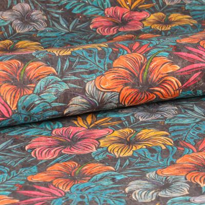 Tissu Liège  Hibiscus pailleté sur fond Gris anthracite - Par 10 cm