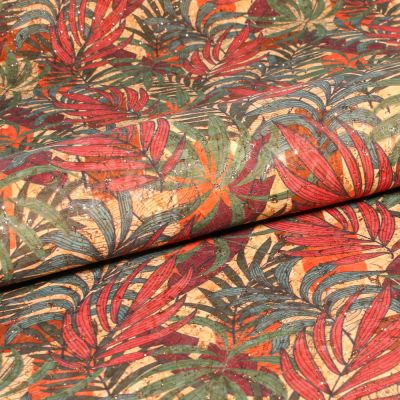 Tissu Liège  Feuillages pailleté sur fond Naturel - Par 10 cm