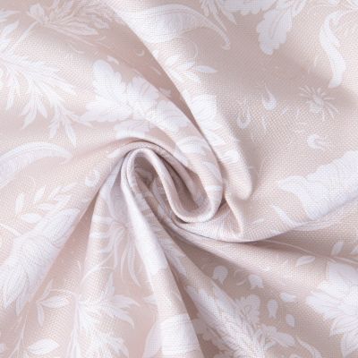 Tissu Polyester White Flora sur fond Beige - Par 10 cm