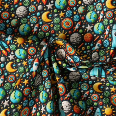 Tissu Popeline de Coton  Cosmos Multicolore sur fond Noir - Par 10 cm