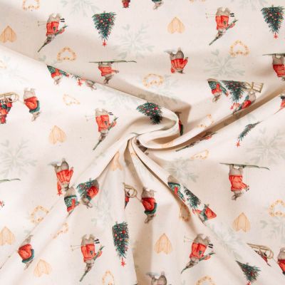 Tissu Coton imprimé Lapin de Noël sur fond Ecru - Par 10 cm