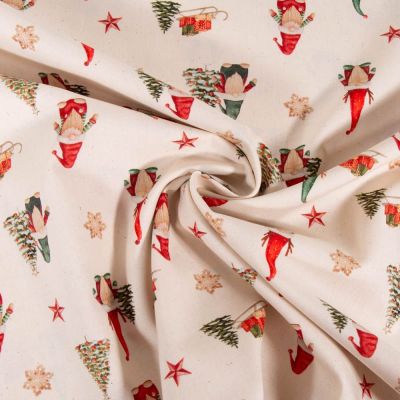 Tissu Coton imprimé Gnomes de Noël sur fond Ecru - Par 10 cm