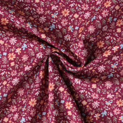 Tissu Popeline de Coton  Mélusine motif floral multicolore sur fond Prune - Par 10 cm