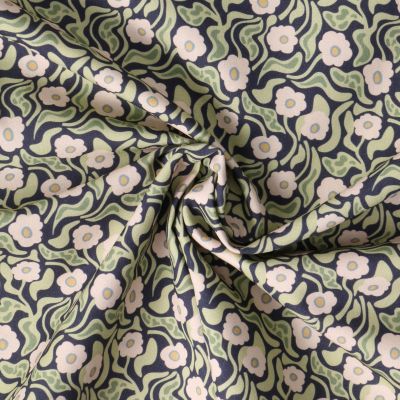 Tissu Popeline de Coton  Cléa fleurs vintage sur fond Bleu marine - Par 10 cm