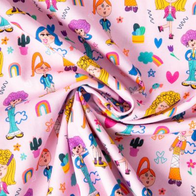 Tissu Popeline de Coton Dessin d&#039;enfant sur fond Rose - Par 10 cm