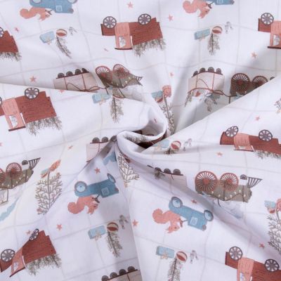 Tissu Coton imprimé Petit train et sapin sur fond Blanc - Par 10 cm