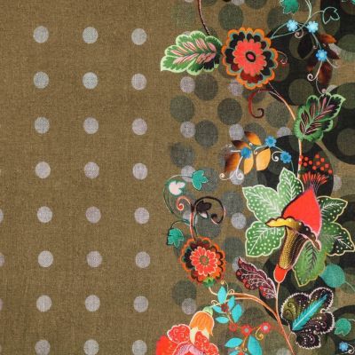 Tissu Voile de Coton Fleurs et pois multicolores sur fond Kaki - Par 10 cm