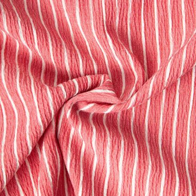 Tissu Polyviscose Seersucker aspect Lin lavé Suzy rayures Blanc sur fond Corail - Par 10 cm