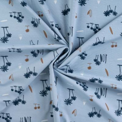 Tissu Jersey Coton Surf et palmier sur fond Bleu - Par 10 cm