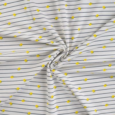 Tissu Jersey Coton Rayures bleues et citrons sur fond Blanc - Par 10 cm