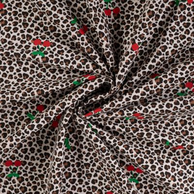 Tissus Jersey Coton imprimé Cerises et léopard sur fond Ecru - Par 10 cm