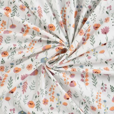 Tissus Jersey Coton imprimé Fleurs Louise sur fond Blanc cassé - Par 10 cm