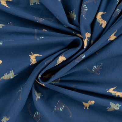 Tissu Jersey Coton imprimé Noé gentils dinosaures sur fond Bleu marine - Par 10 cm