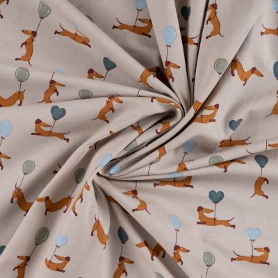 Tissu Jersey Coton imprimé Malo Teckel volants sur fond Beige - Par 10 cm