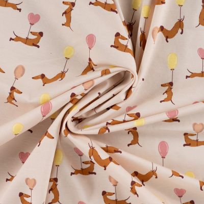 Tissu Jersey Coton imprimé Malo Teckel volants sur fond Beige sable - Par 10 cm
