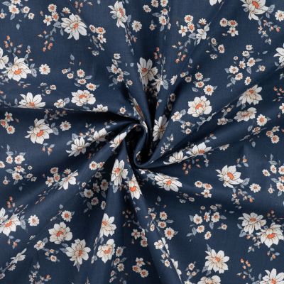 Tissu Popeline de Coton imprimé Fleurs Lisa sur fond Bleu marine - Par 10 cm