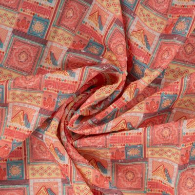Tissu Voile de Coton Plumetis digital Lou patchwork Aztèque sur fond Corail - Par 10 cm