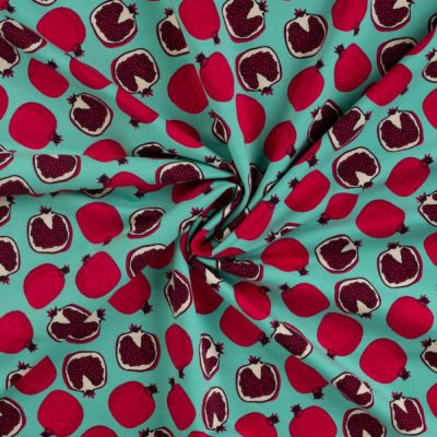 Tissu Jersey Coton envers gratté Grenades rouges sur fond Vert menthe - Par 10 cm