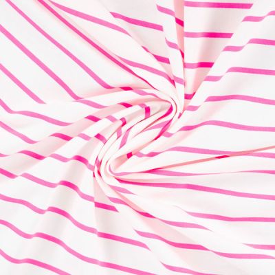 Tissu Sweat léger envers gratté rayé Rose fluo sur fond Blanc - Par 10 cm